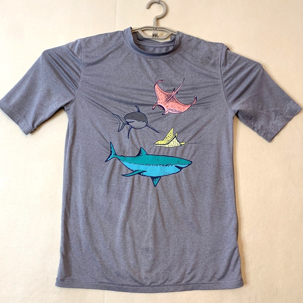 Cat & Jack Shark and Stingray T-Shirt ‎ Boys Gray Grey Size Fishing XL (16)